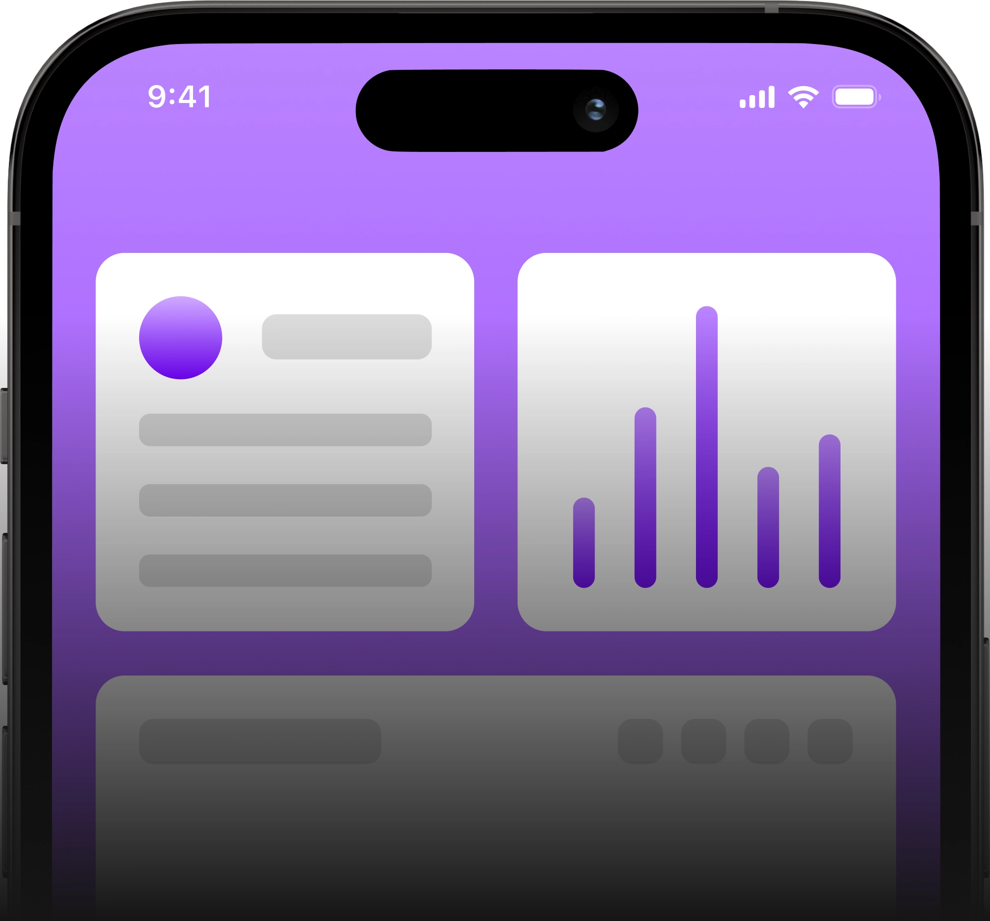 Eine beispielhafte Darstellung einer Mobile App mit lilanem Hintergrund auf einem Smartphone-Bildschirm, der zur Hälfte sichtbar ist, vor transparentem Hintergrund.